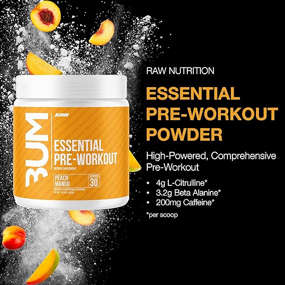 Essential Pre Workout Powder Peach Mango By Raw Nutrition