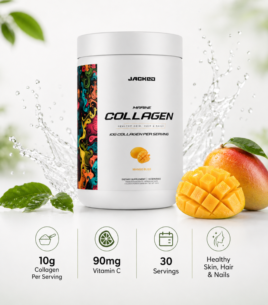 A white tub of JACKEO Collagen dietary supplement with a colorful label, set against a clean white background with a mango, mint leaves, and water splash graphic. Four feature icons at the bottom highlight 10g collagen per serving, 90mg Vitamin C, 30 servings, and healthy skin, hair, and nails.