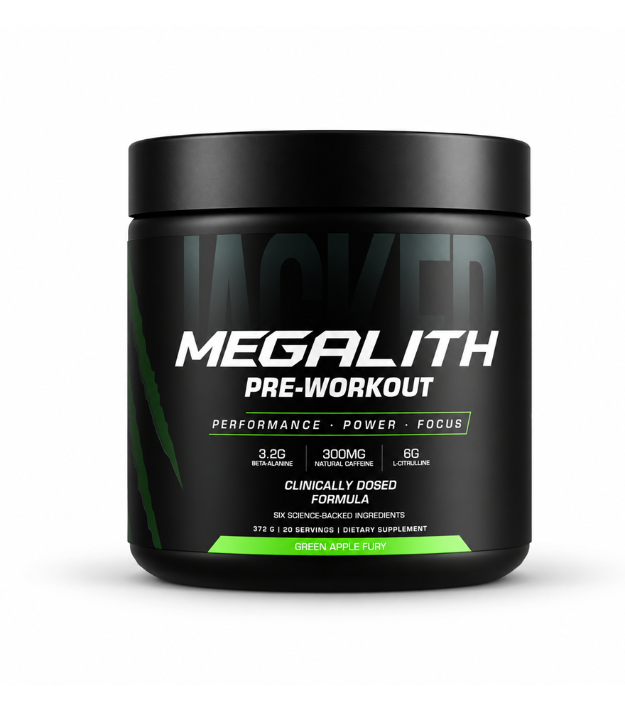 A black plastic tub of Megalith Pre-Workout dietary supplement with a black lid, featuring white and green text on a clean white background.