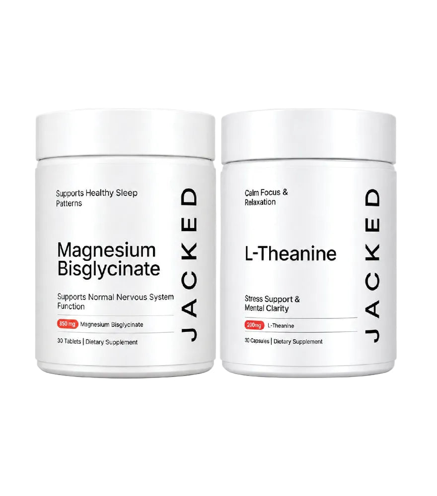 Two white supplement jars on a light gray background. The left jar is labeled 'Magnesium Bisglycinate' and the right jar is labeled 'L-Theanine', both with vertical 'JACKED' branding.
