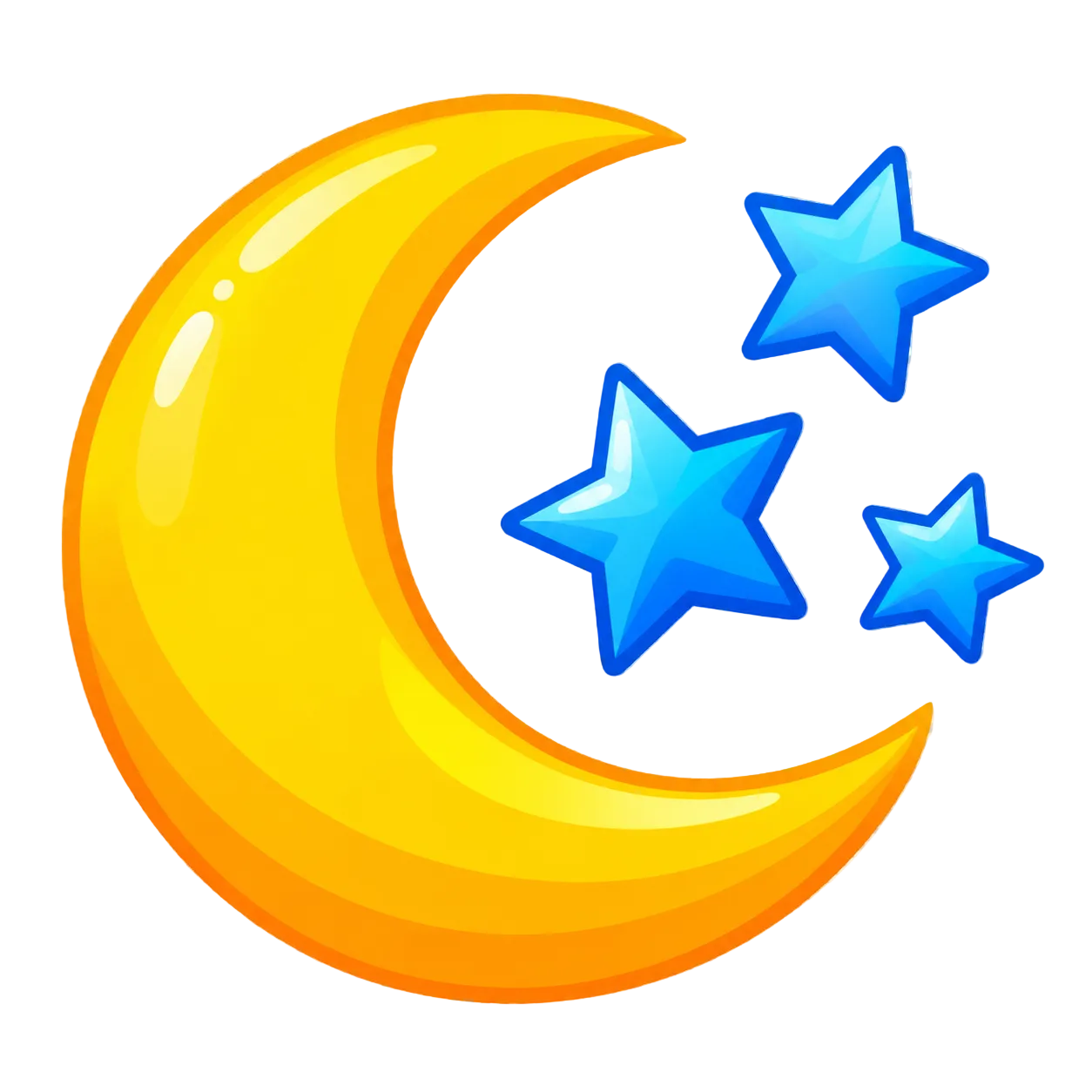 A cartoon crescent moon in bright yellow with three blue stars, shown on a transparent checkerboard background.