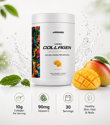 A white tub of JACKEO Collagen dietary supplement with a colorful label, set against a clean white background with a mango, mint leaves, and water splash graphic. Four feature icons at the bottom highlight 10g collagen per serving, 90mg Vitamin C, 30 servings, and healthy skin, hair, and nails.