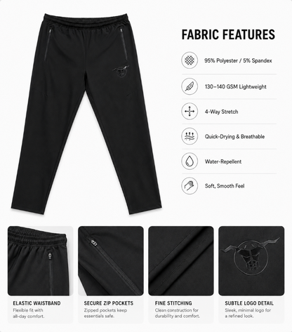 Black athletic pants shown on a white background with a 'FABRIC FEATURES' panel listing material specs and four detail callout images along the bottom highlighting the elastic waistband, zip pockets, stitching, and logo detail.